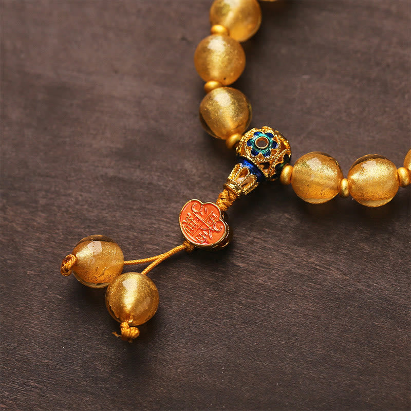Gold Foil Liuli Glass Bead Bracelet with Copper Ruyi and Sycee Ingot