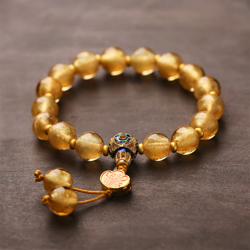 Gold Foil Liuli Glass Bead Bracelet with Copper Ruyi and Sycee Ingot