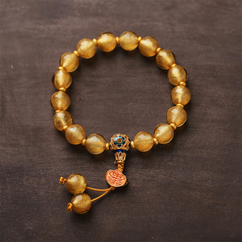 Gold Foil Liuli Glass Bead Bracelet with Copper Ruyi and Sycee Ingot