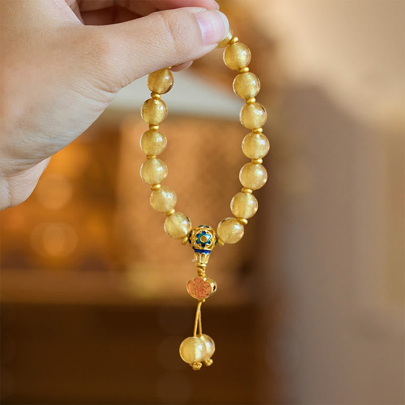 Gold Foil Liuli Glass Bead Bracelet with Copper Ruyi and Sycee Ingot