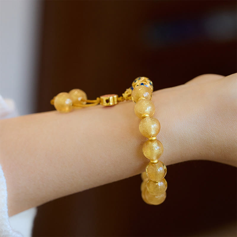 Gold Foil Liuli Glass Bead Bracelet with Copper Ruyi and Sycee Ingot
