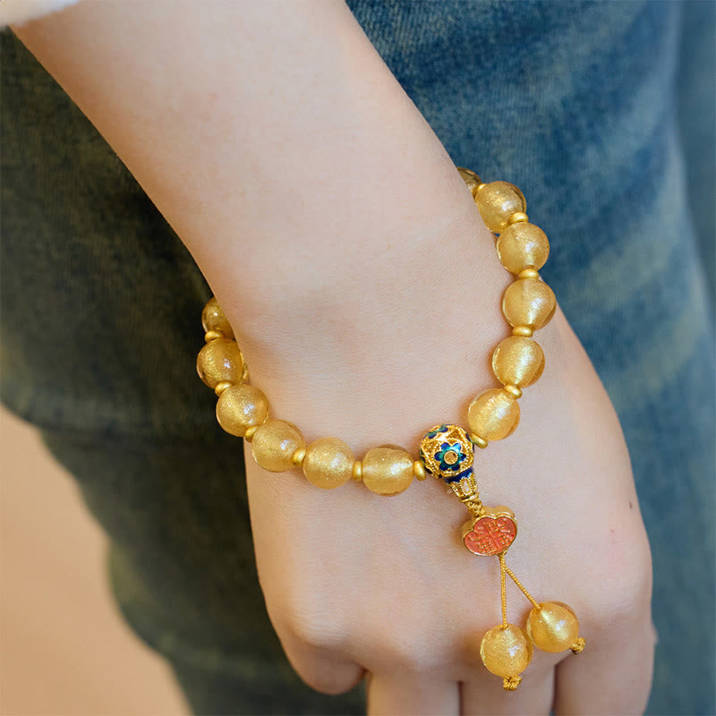 Gold Foil Liuli Glass Bead Bracelet with Copper Ruyi and Sycee Ingot