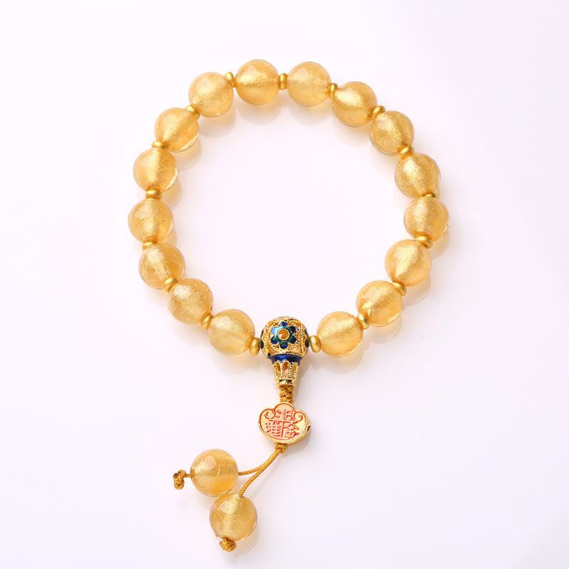 Gold Foil Liuli Glass Bead Bracelet with Copper Ruyi and Sycee Ingot