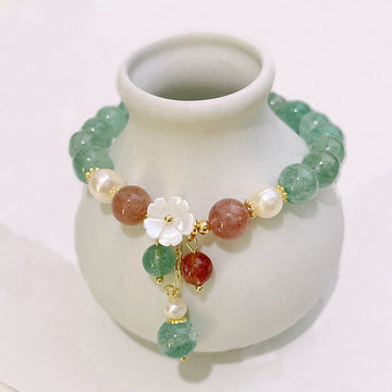 Green Strawberry Quartz and Pearl Peach Blossom Shell Bracelet