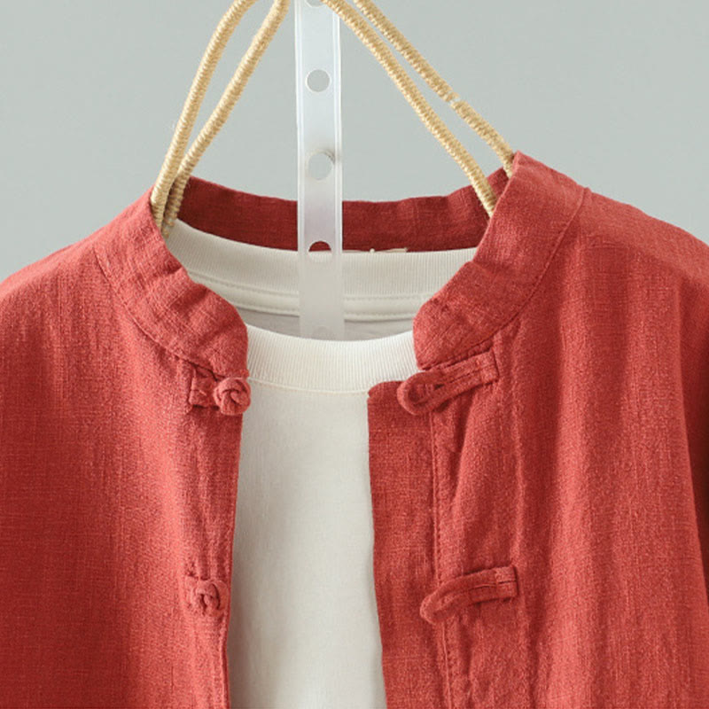 Women's Solid Color Simple Chinese Frog-Button Design Cotton Linen Shirt
