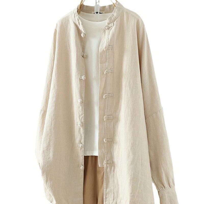 Women's Solid Color Simple Chinese Frog-Button Design Cotton Linen Shirt