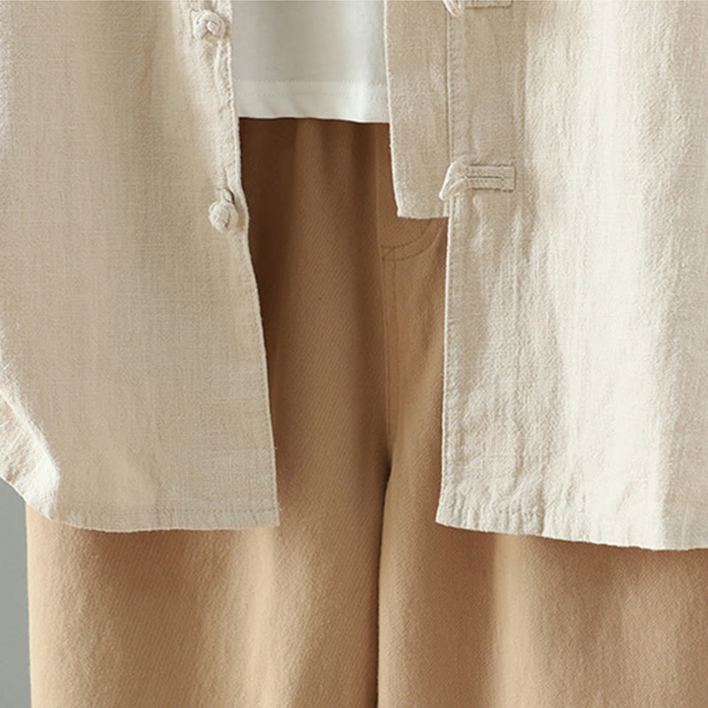 Women's Solid Color Simple Chinese Frog-Button Design Cotton Linen Shirt