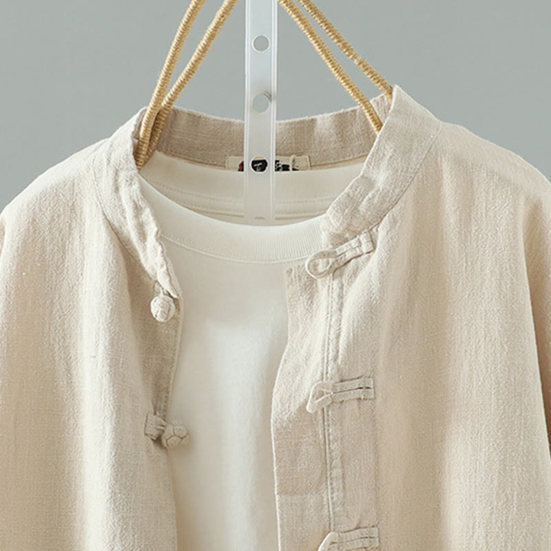 Women's Solid Color Simple Chinese Frog-Button Design Cotton Linen Shirt
