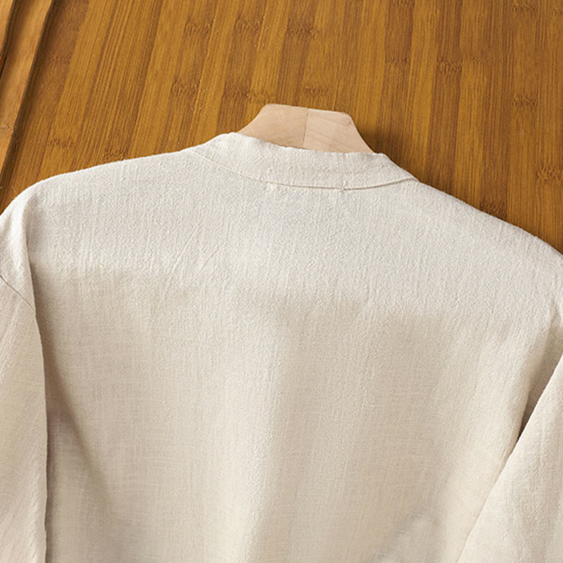 Breathable Cotton Linen Stand Collar Minimalist Long Sleeve Shirt