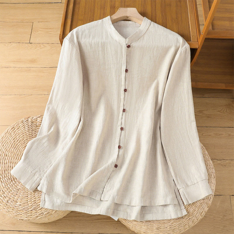 Breathable Cotton Linen Stand Collar Minimalist Long Sleeve Shirt