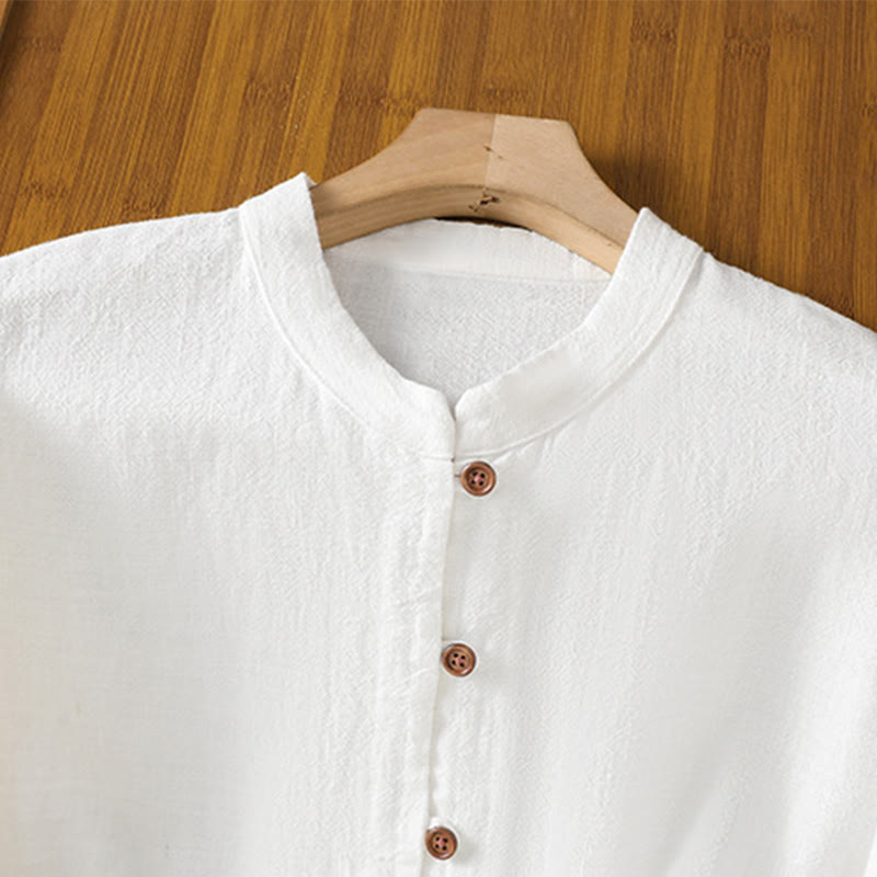 Breathable Cotton Linen Stand Collar Minimalist Long Sleeve Shirt