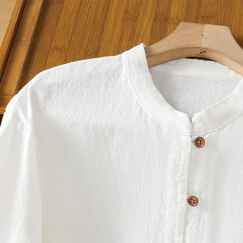 Breathable Cotton Linen Stand Collar Minimalist Long Sleeve Shirt