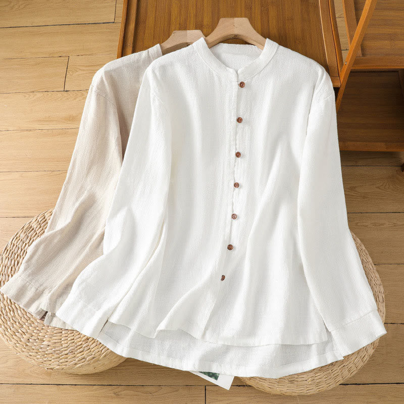 Breathable Cotton Linen Stand Collar Minimalist Long Sleeve Shirt