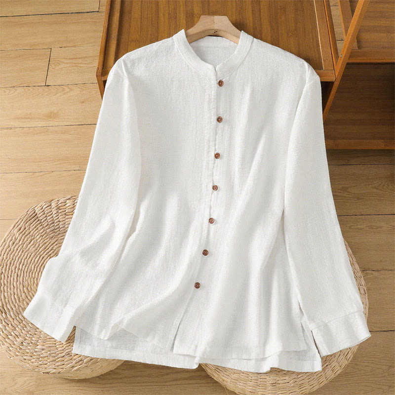 Breathable Cotton Linen Stand Collar Minimalist Long Sleeve Shirt