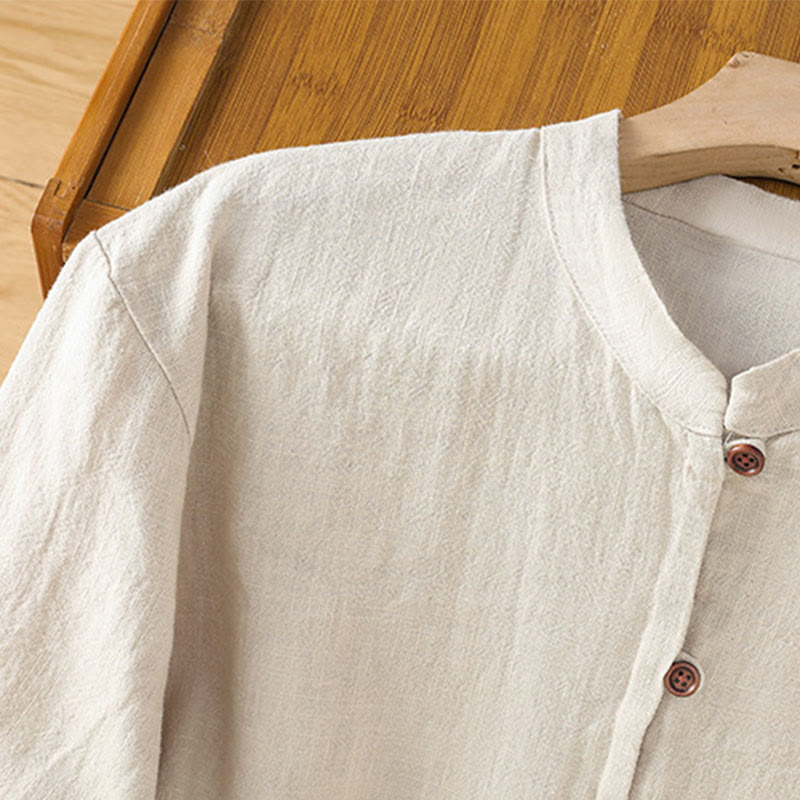 Breathable Cotton Linen Stand Collar Minimalist Long Sleeve Shirt