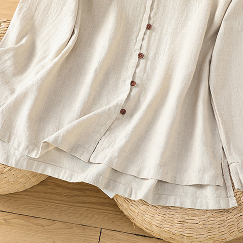 Breathable Cotton Linen Stand Collar Minimalist Long Sleeve Shirt