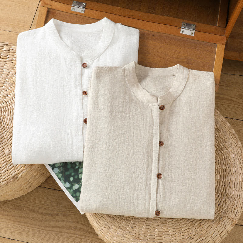 Breathable Cotton Linen Stand Collar Minimalist Long Sleeve Shirt