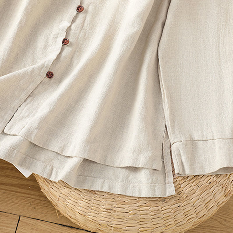Breathable Cotton Linen Stand Collar Minimalist Long Sleeve Shirt
