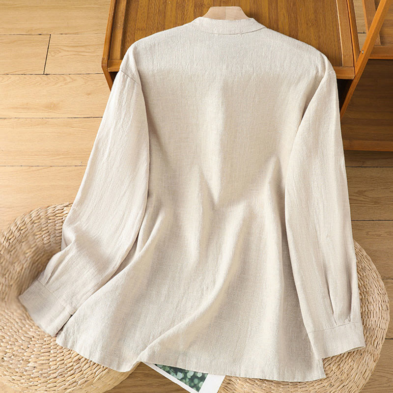 Breathable Cotton Linen Stand Collar Minimalist Long Sleeve Shirt