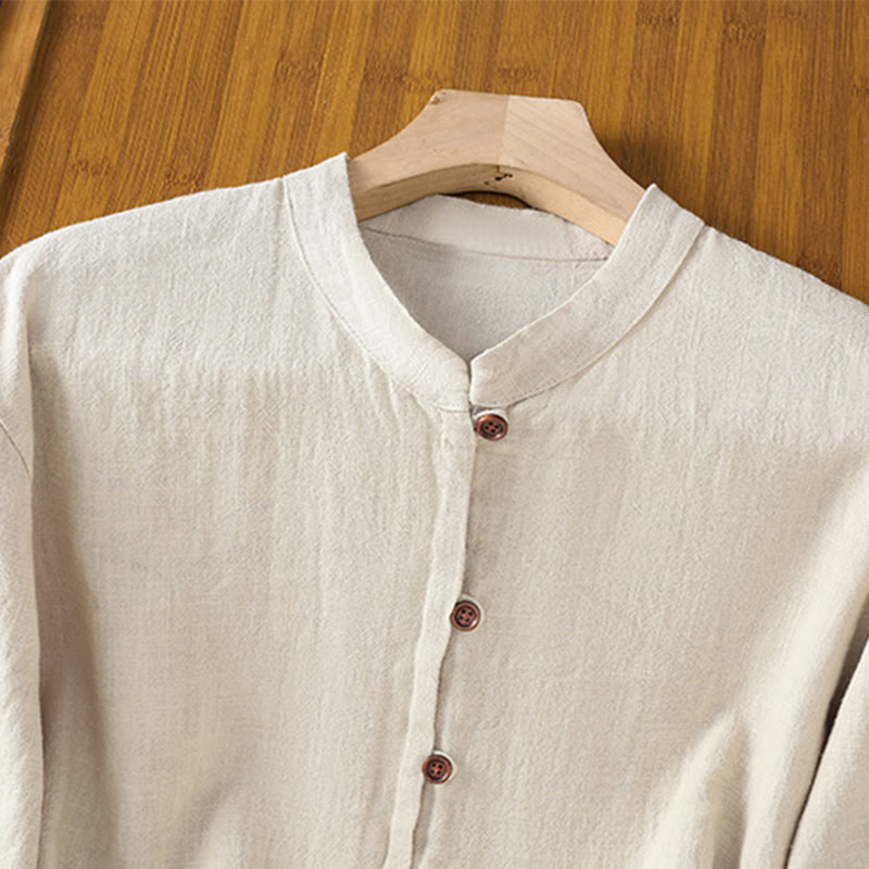 Breathable Cotton Linen Stand Collar Minimalist Long Sleeve Shirt