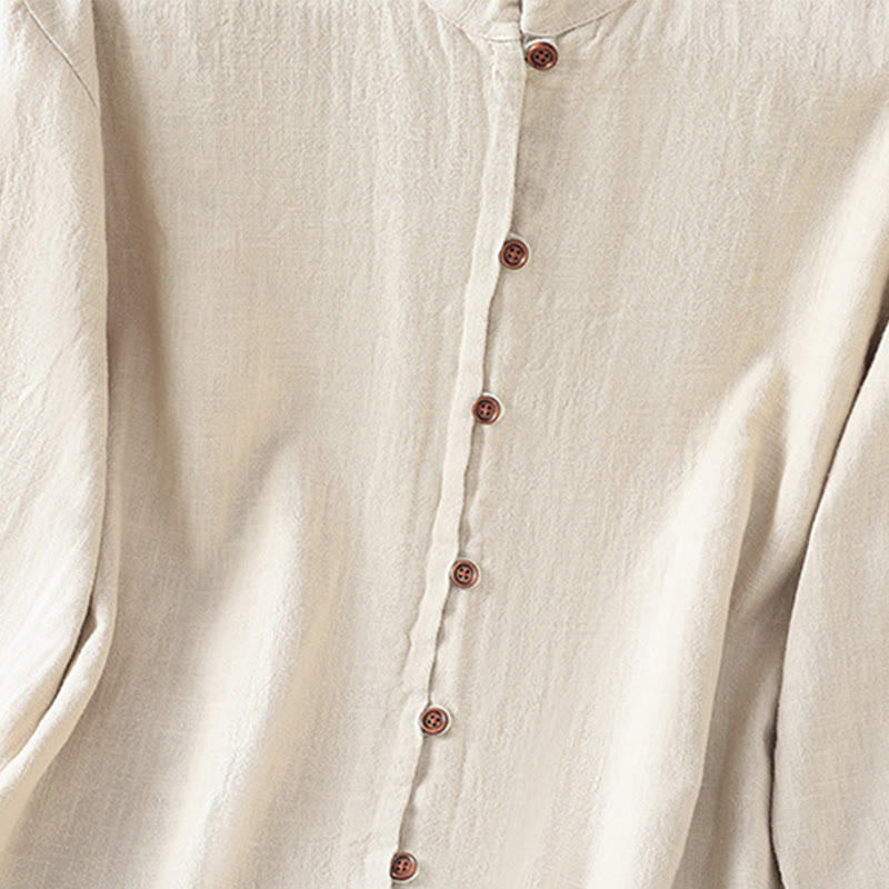 Breathable Cotton Linen Stand Collar Minimalist Long Sleeve Shirt