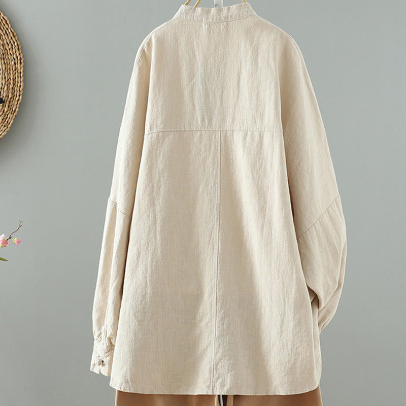 Women's Solid Color Simple Chinese Frog-Button Design Cotton Linen Shirt