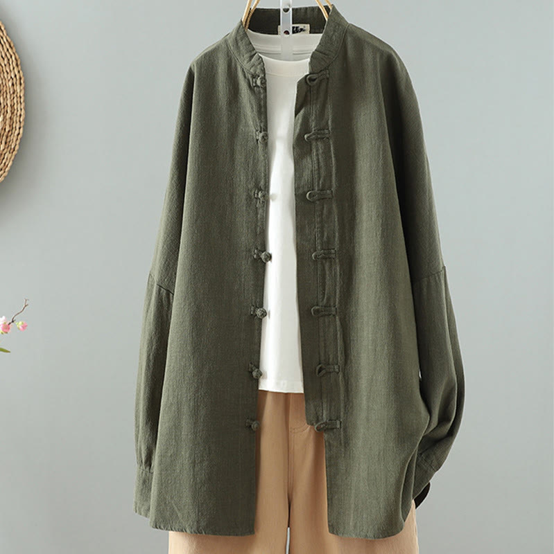 Women's Solid Color Simple Chinese Frog-Button Design Cotton Linen Shirt