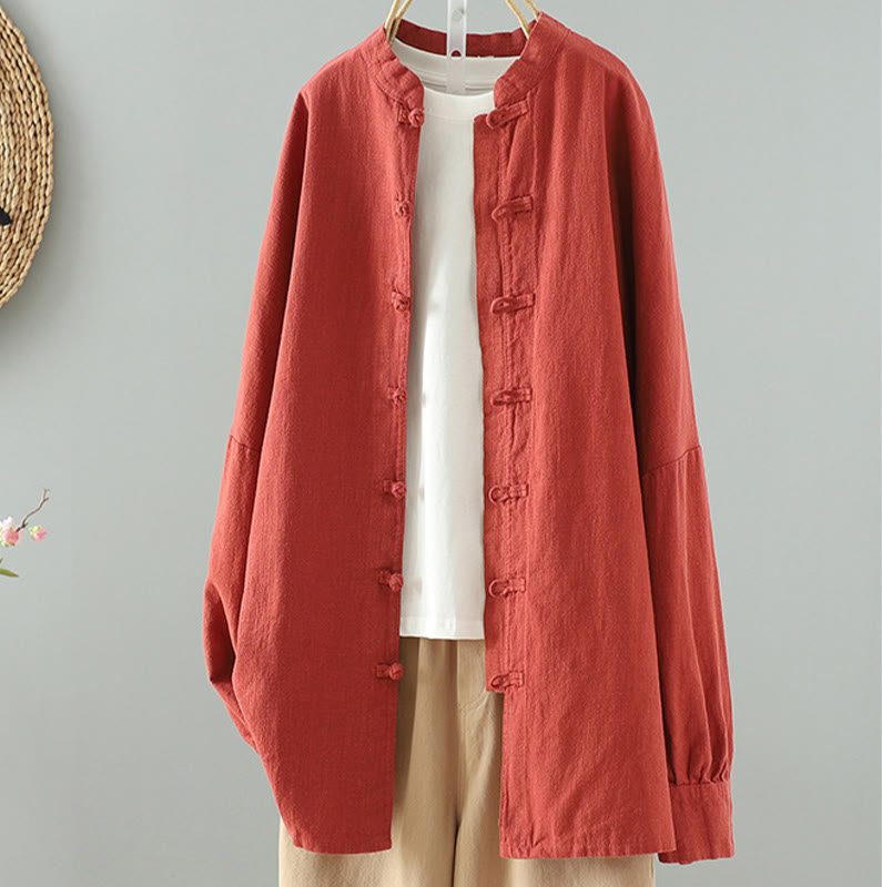 Women's Solid Color Simple Chinese Frog-Button Design Cotton Linen Shirt