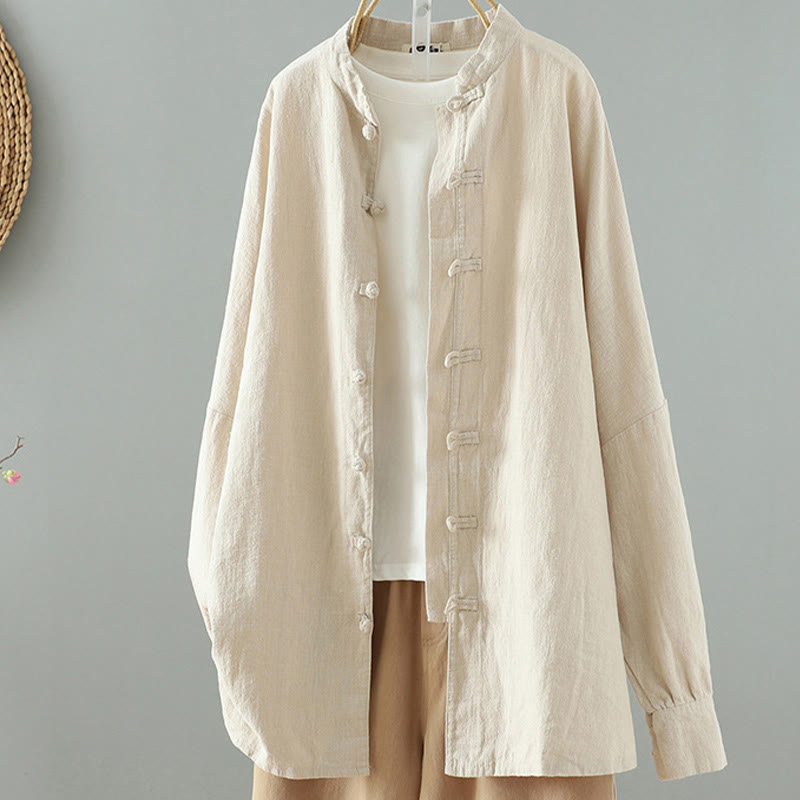 Women's Solid Color Simple Chinese Frog-Button Design Cotton Linen Shirt