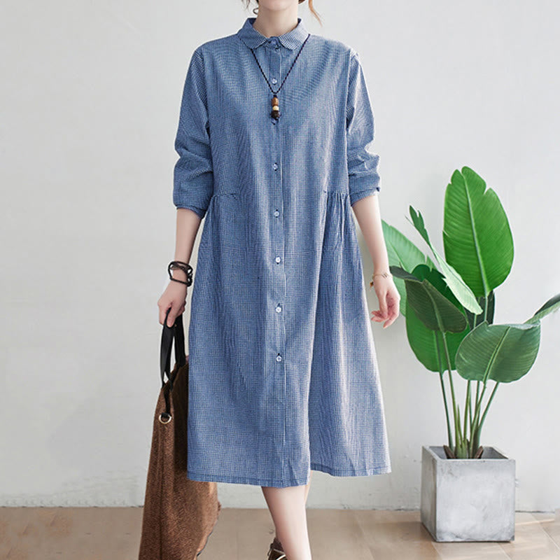Small Grid Pattern Cotton Linen Women's Midi Dress With Pockets