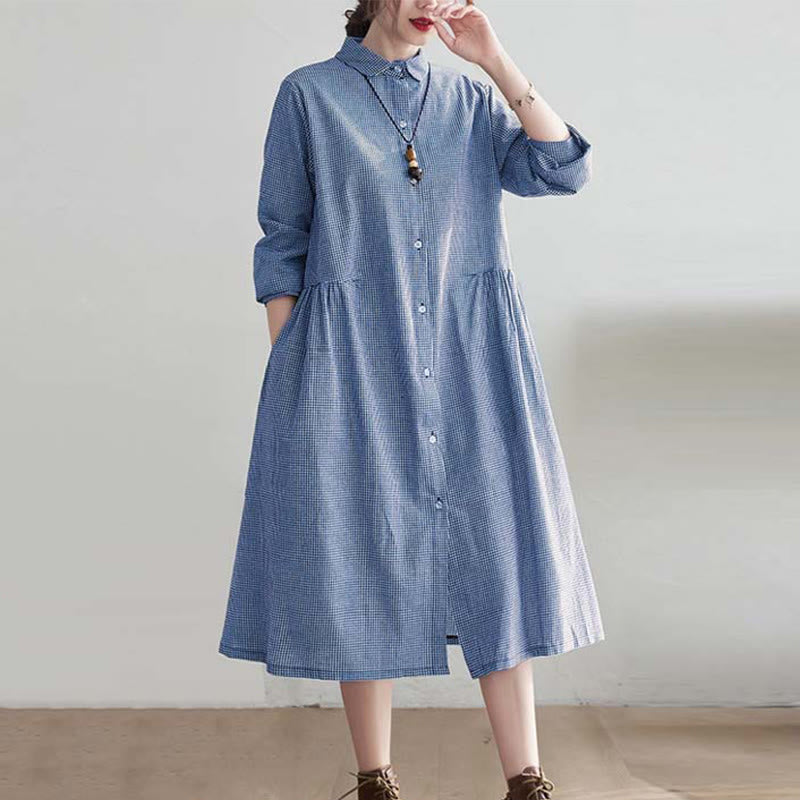 Small Grid Pattern Cotton Linen Women's Midi Dress With Pockets