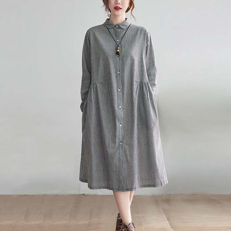 Small Grid Pattern Cotton Linen Women's Midi Dress With Pockets