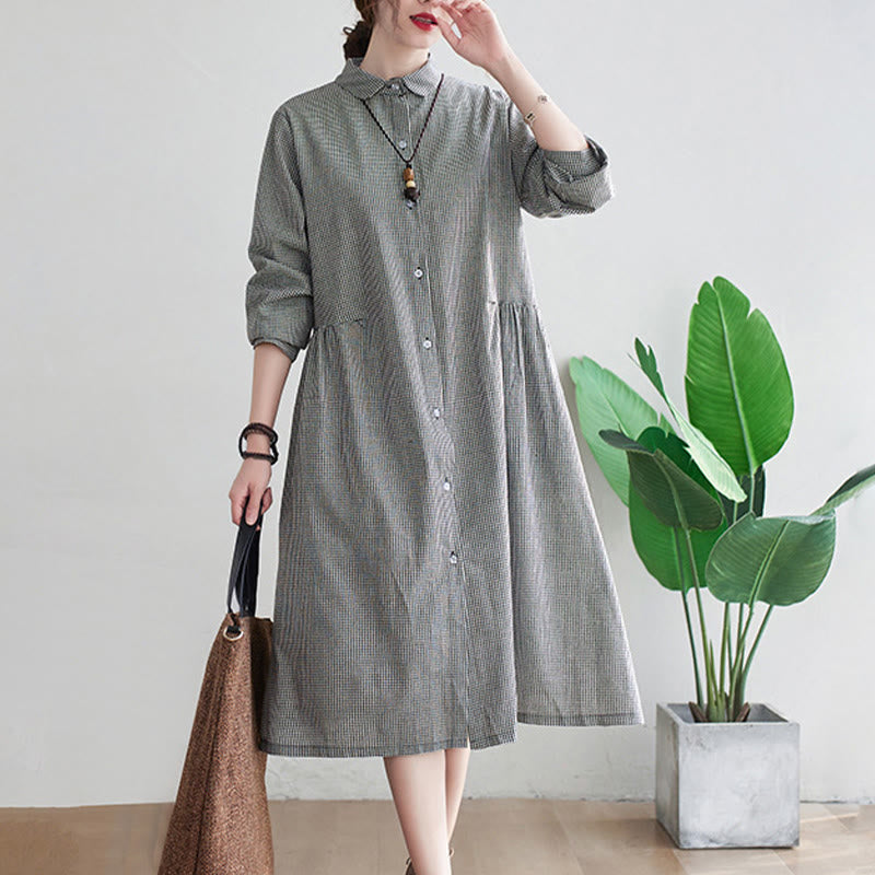 Small Grid Pattern Cotton Linen Women's Midi Dress With Pockets