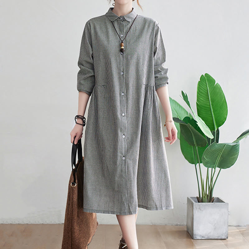 Small Grid Pattern Cotton Linen Women's Midi Dress With Pockets