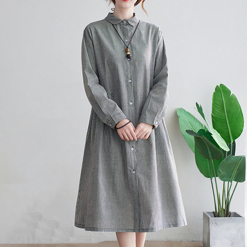 Small Grid Pattern Cotton Linen Women's Midi Dress With Pockets