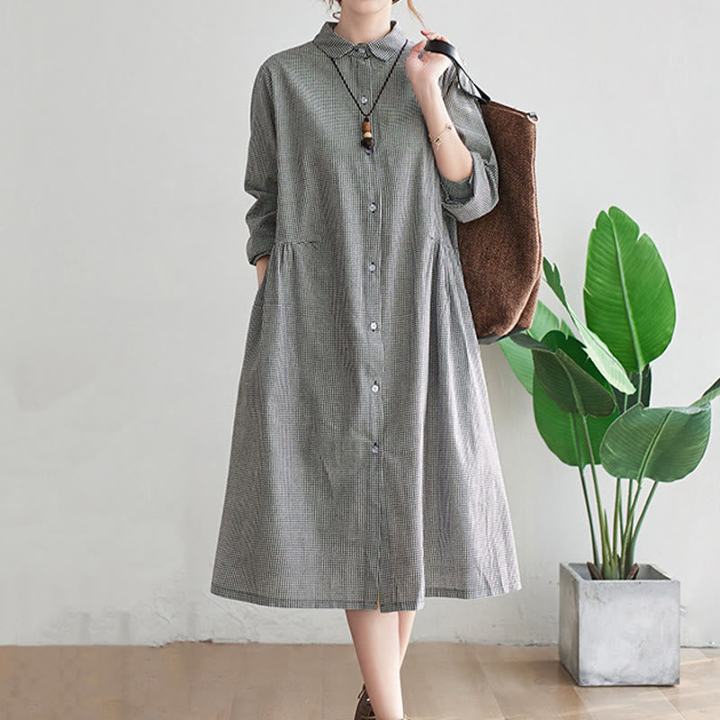Small Grid Pattern Cotton Linen Women's Midi Dress With Pockets