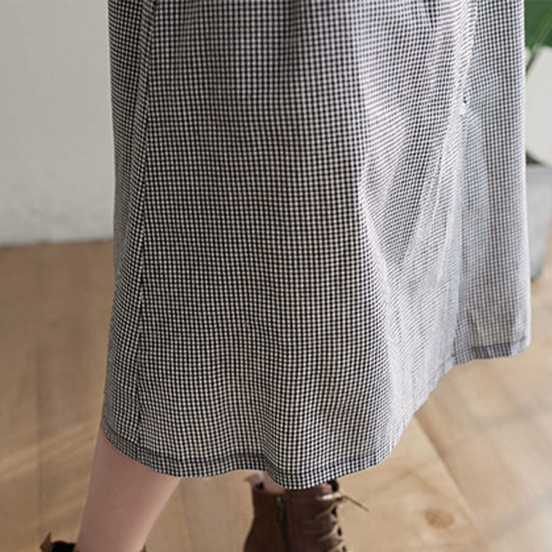 Small Grid Pattern Cotton Linen Women's Midi Dress With Pockets