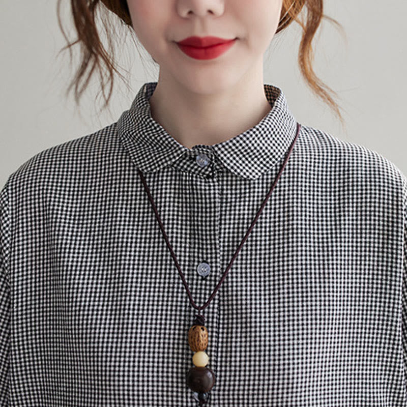 Small Grid Pattern Cotton Linen Women's Midi Dress With Pockets