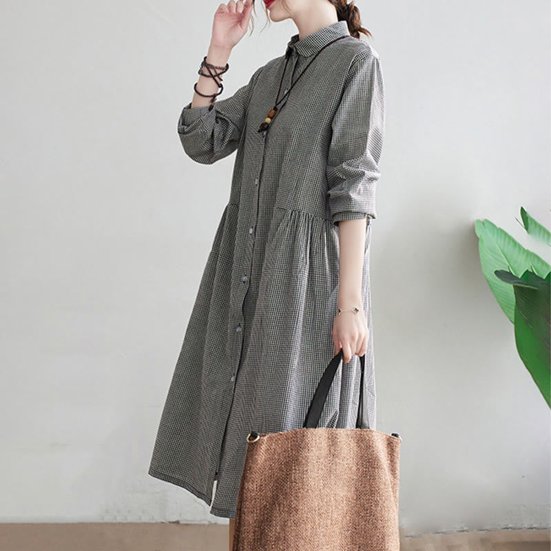 Small Grid Pattern Cotton Linen Women's Midi Dress With Pockets