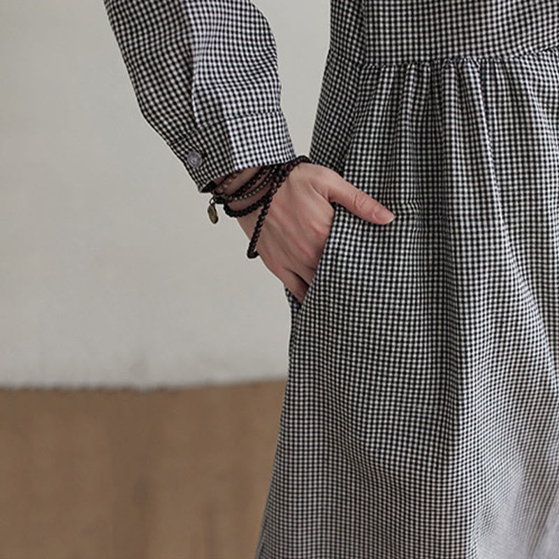 Small Grid Pattern Cotton Linen Women's Midi Dress With Pockets
