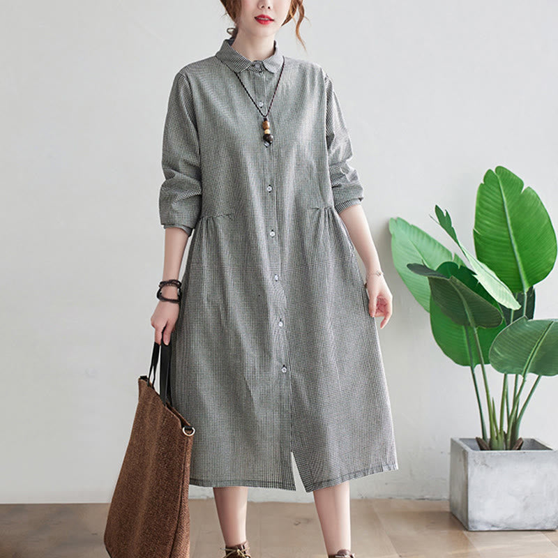 Small Grid Pattern Cotton Linen Women's Midi Dress With Pockets