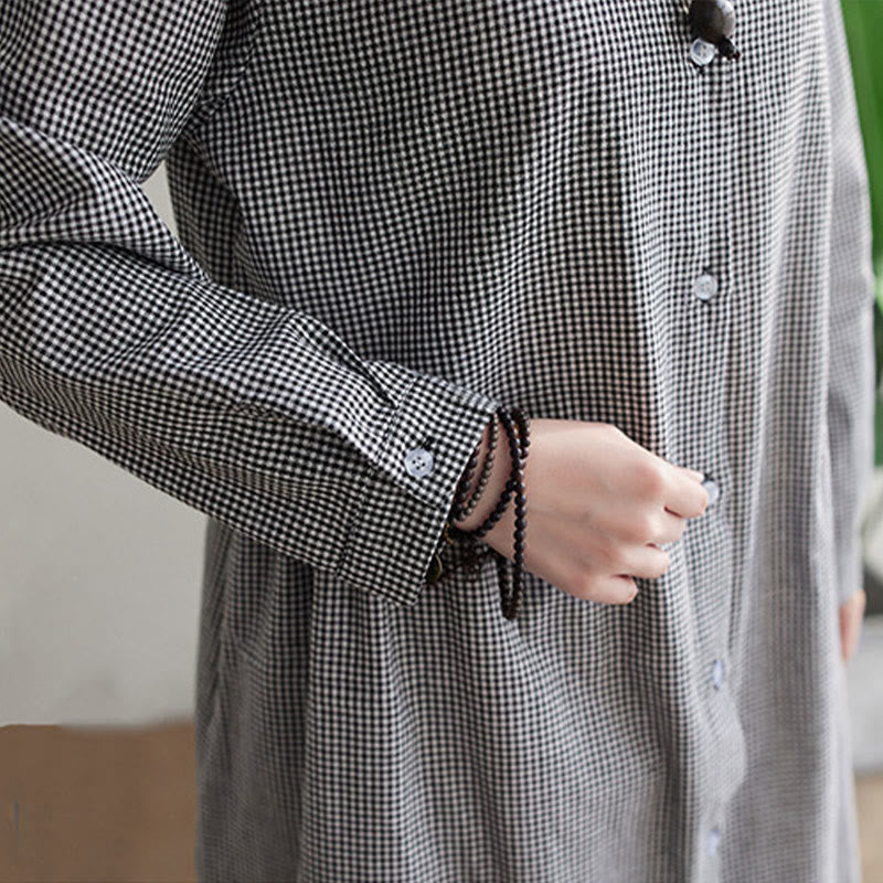 Small Grid Pattern Cotton Linen Women's Midi Dress With Pockets