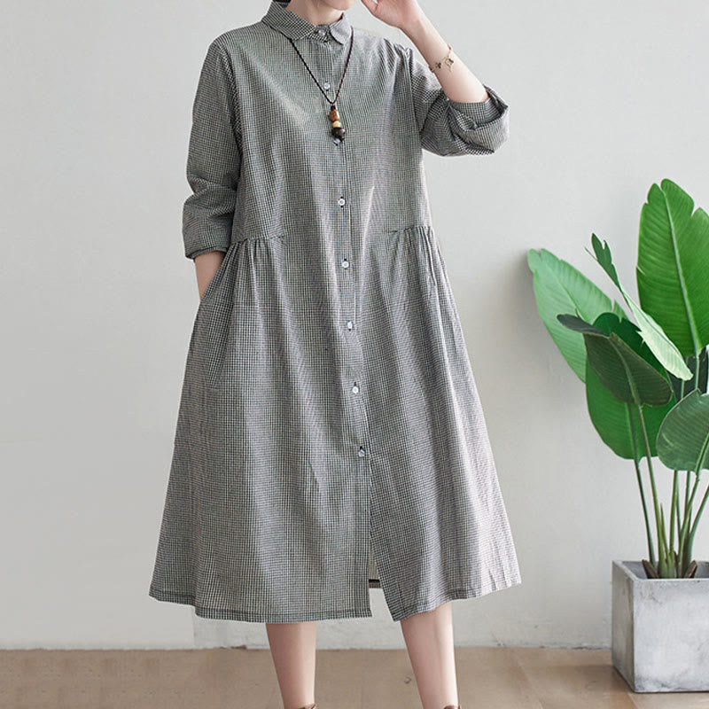 Small Grid Pattern Cotton Linen Women's Midi Dress With Pockets
