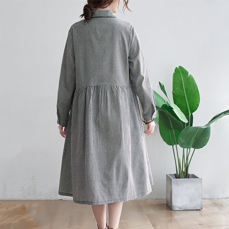 Small Grid Pattern Cotton Linen Women's Midi Dress With Pockets