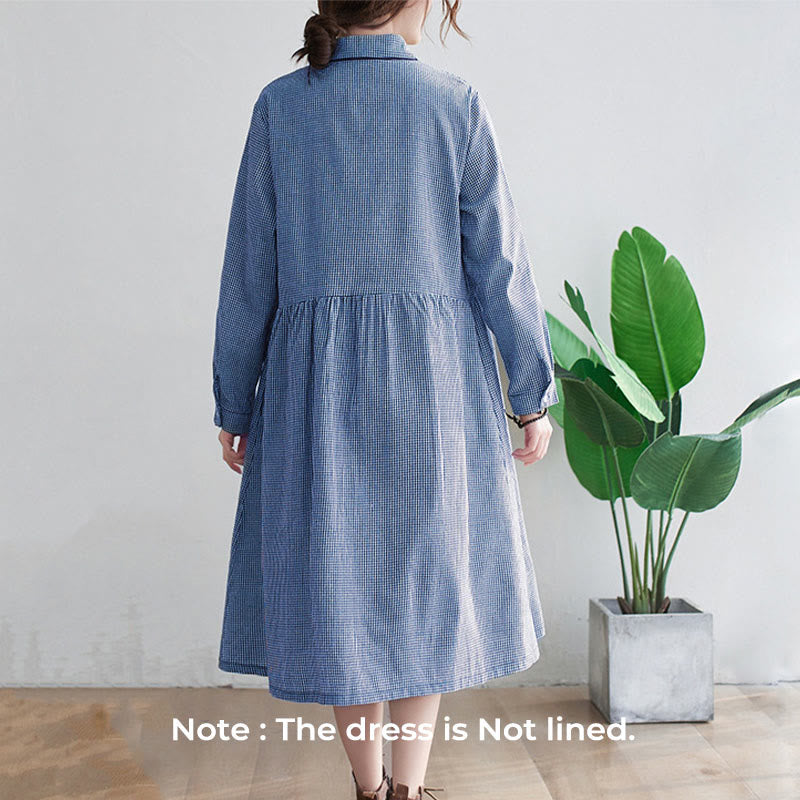 Small Grid Pattern Cotton Linen Women's Midi Dress With Pockets