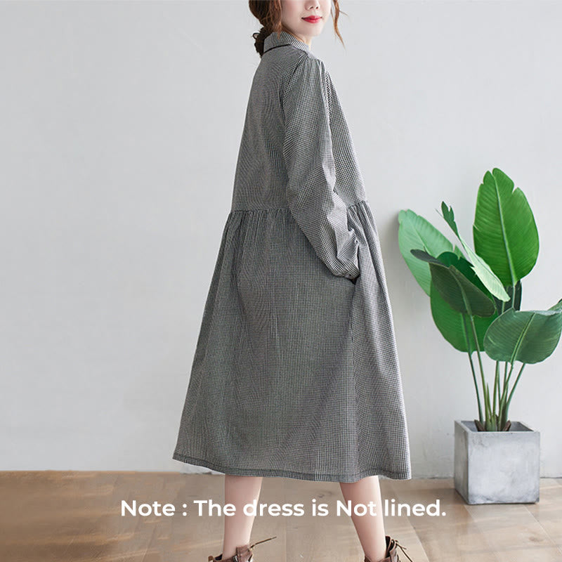 Small Grid Pattern Cotton Linen Women's Midi Dress With Pockets