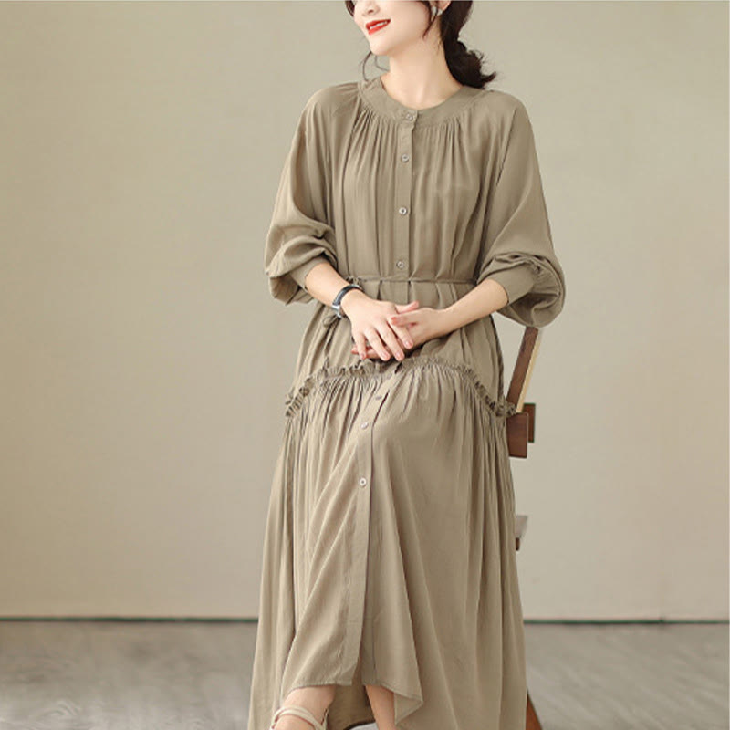 Minimalist Pleated Polyester Midi Dress for Mindful Daily Living
