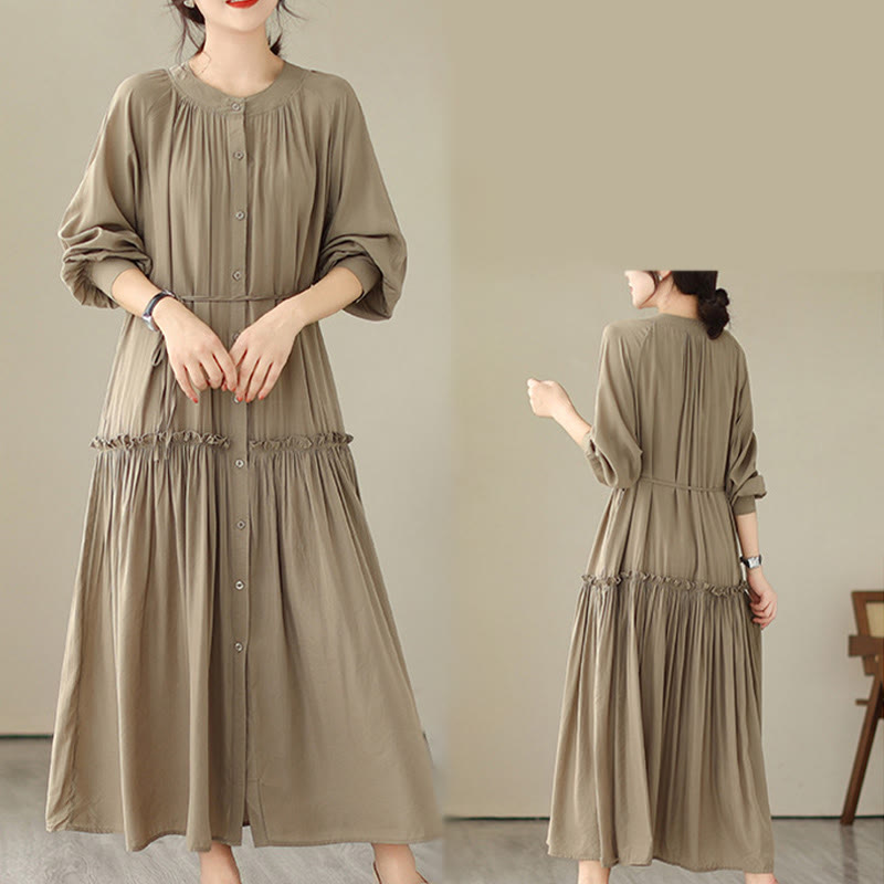 Minimalist Pleated Polyester Midi Dress for Mindful Daily Living