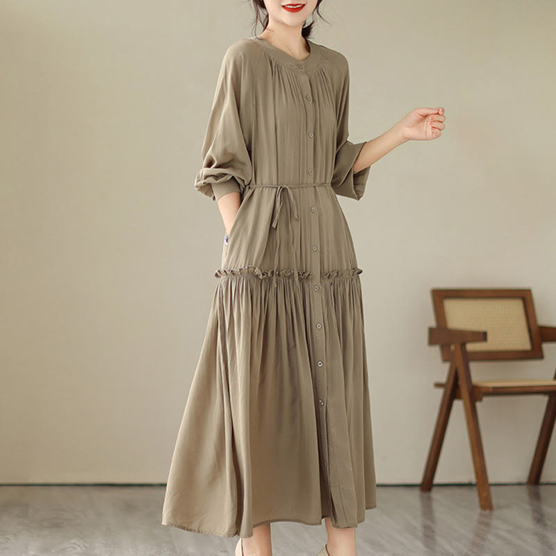 Minimalist Pleated Polyester Midi Dress for Mindful Daily Living