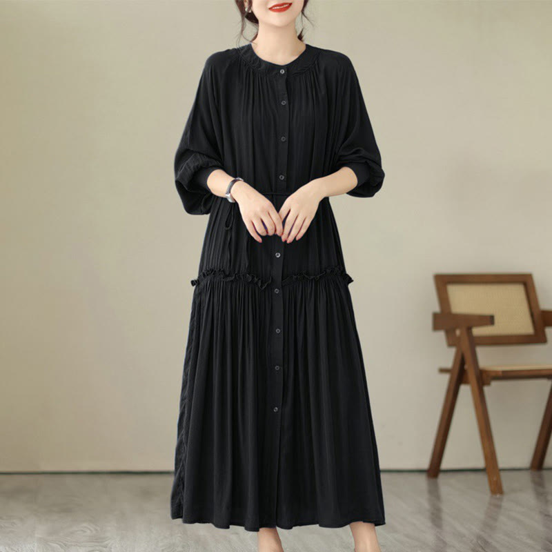 Minimalist Pleated Polyester Midi Dress for Mindful Daily Living